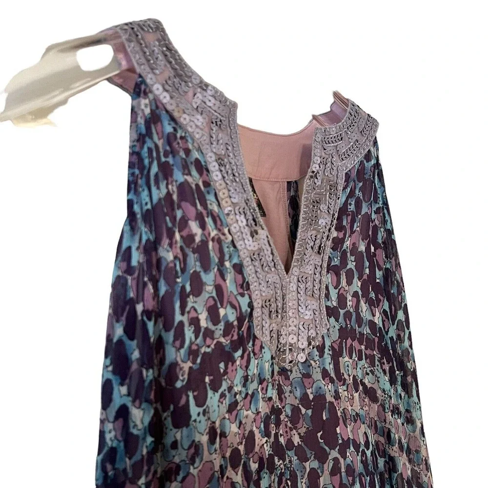 🌵 Free People Purple Blue Silver Sequins Neckline Flowy Dress with Under Dress
